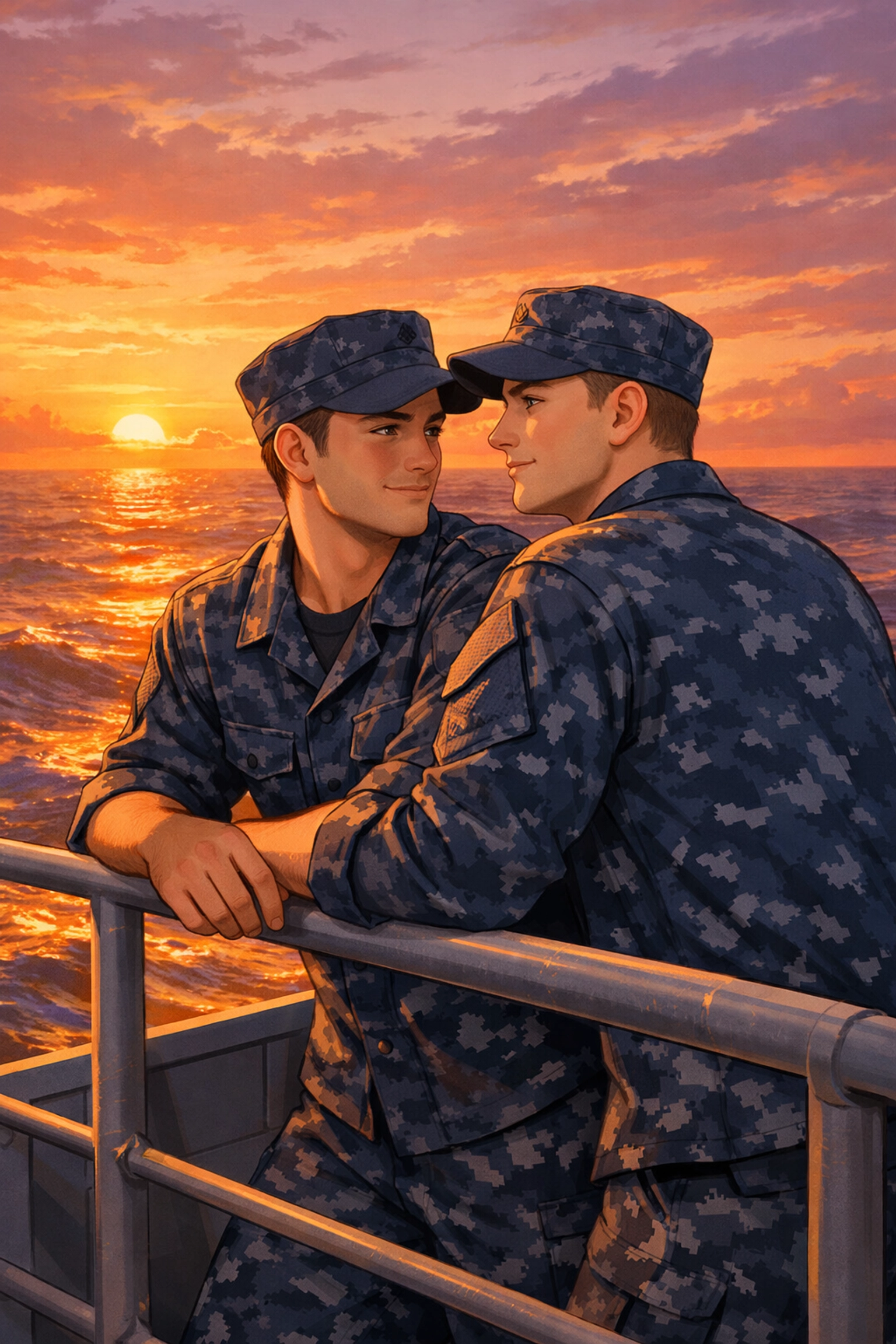 Two gay sailors sharing a romantic moment on a Navy ship deck, reflecting modern MM romance and naval life.