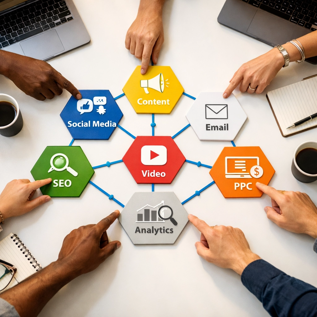 Marketing team collaborating on cross-channel strategy alignment and integration