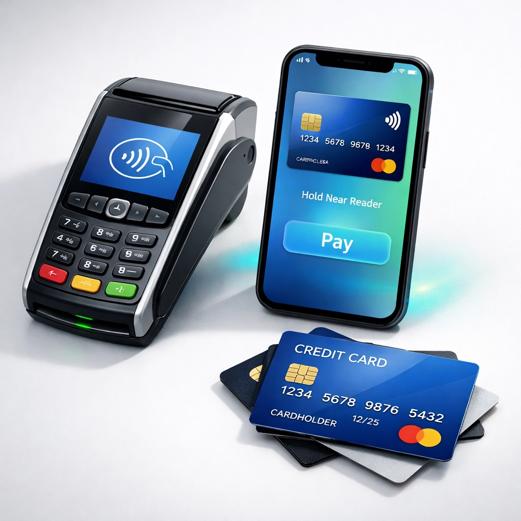 Modern payment terminal with contactless and mobile wallet payment options for small businesses