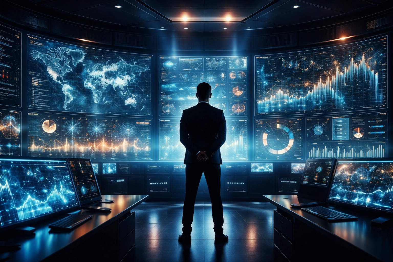 Investor analyzing financial data in a modern control room, highlighting active asset management strategies.