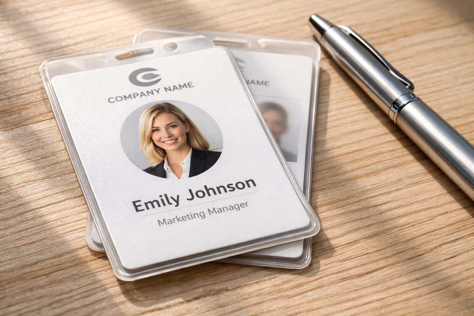 Professional identification cards and pen on a desk representing ERO and EFIN certification requirements.