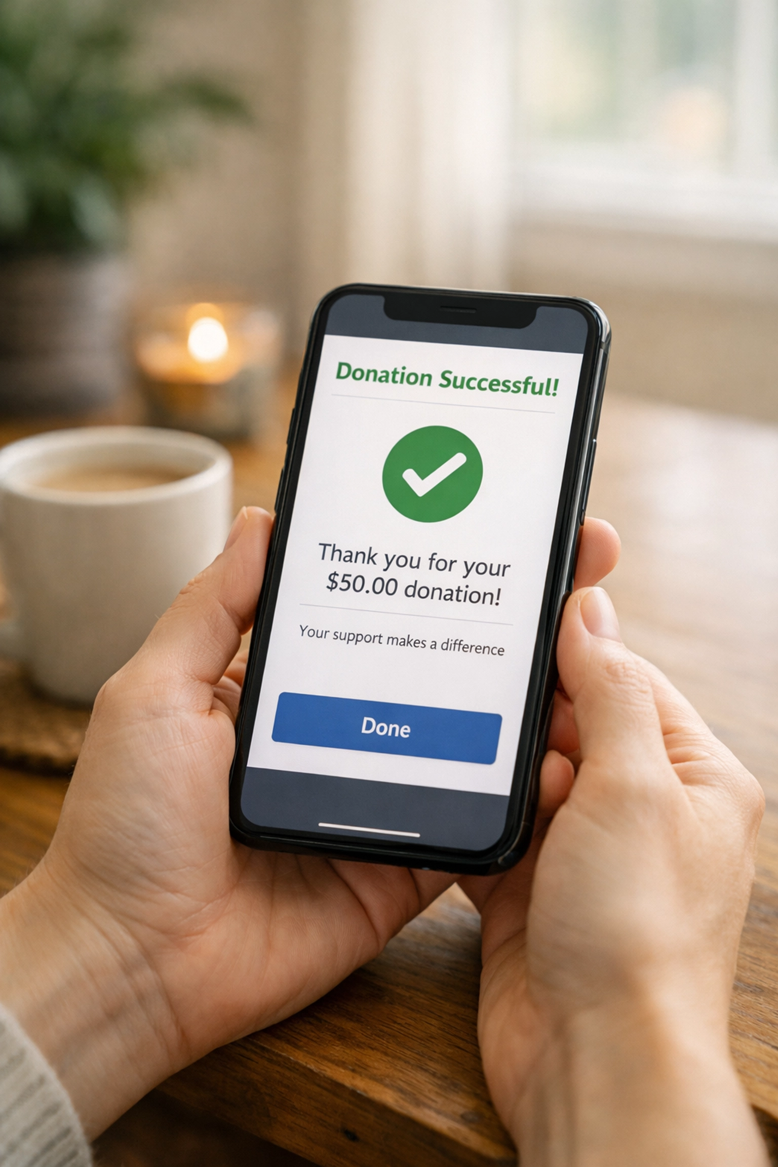 Donor completing mobile donation on smartphone through SMS fundraising link