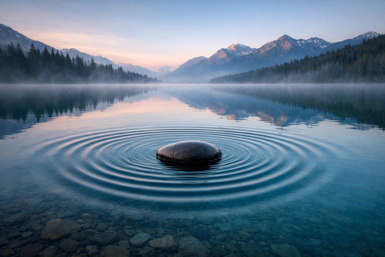 Rhythmic ripples on a serene mountain lake symbolizing mental clarity and energy coordination.
