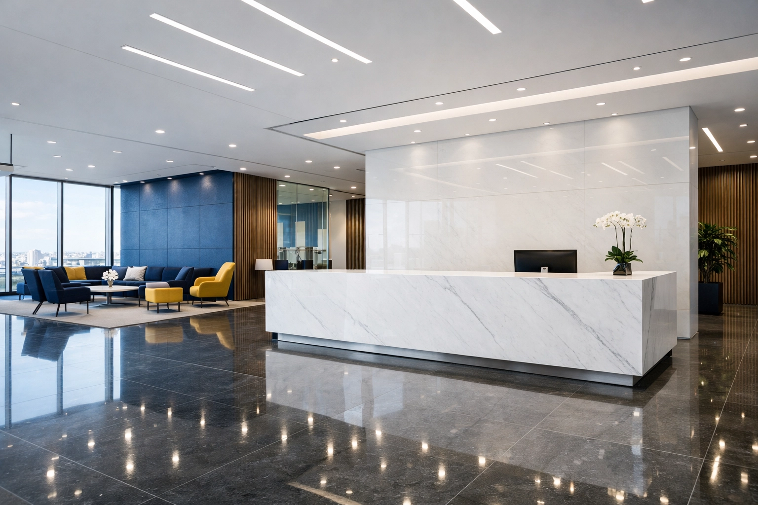 Impeccably clean corporate lobby and marble reception area showing professional office standards.