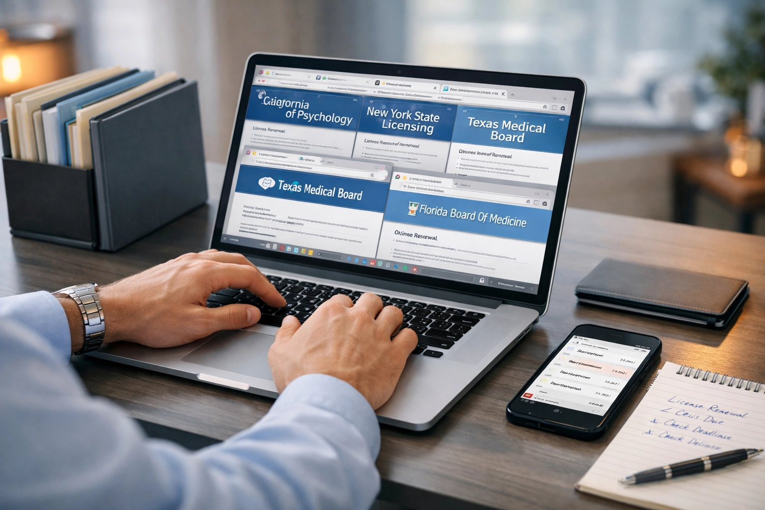 Clinician navigating state licensing board websites for behavioral health compliance