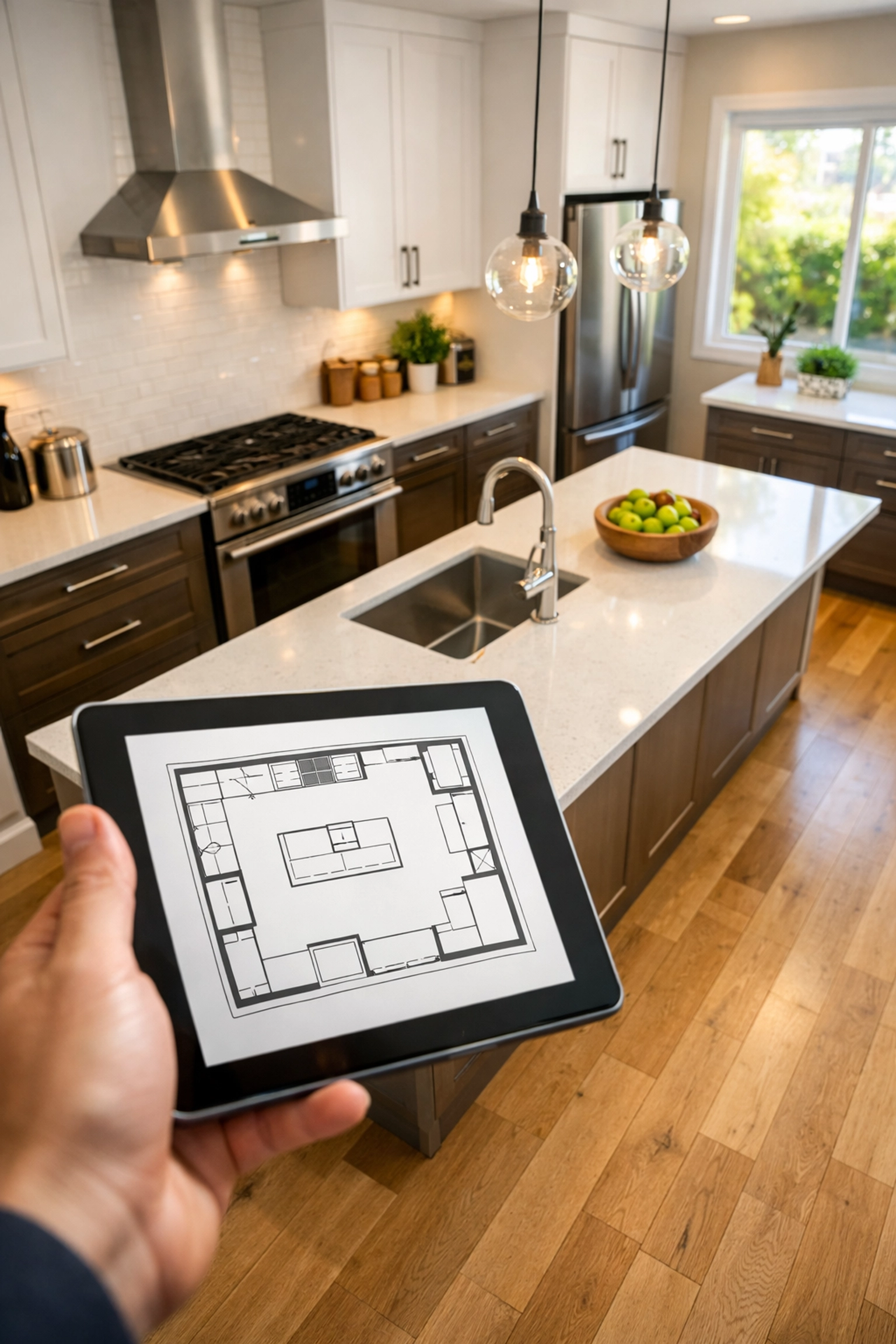 Modern kitchen renovation in a Denver rental property highlighting quartz counters and high-end finishes.