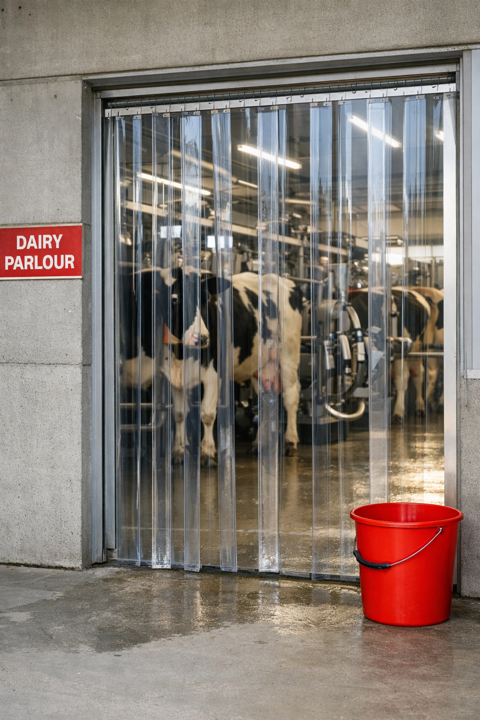Clear PVC strip curtains installed in a modern dairy parlour for pest control and biosecurity.