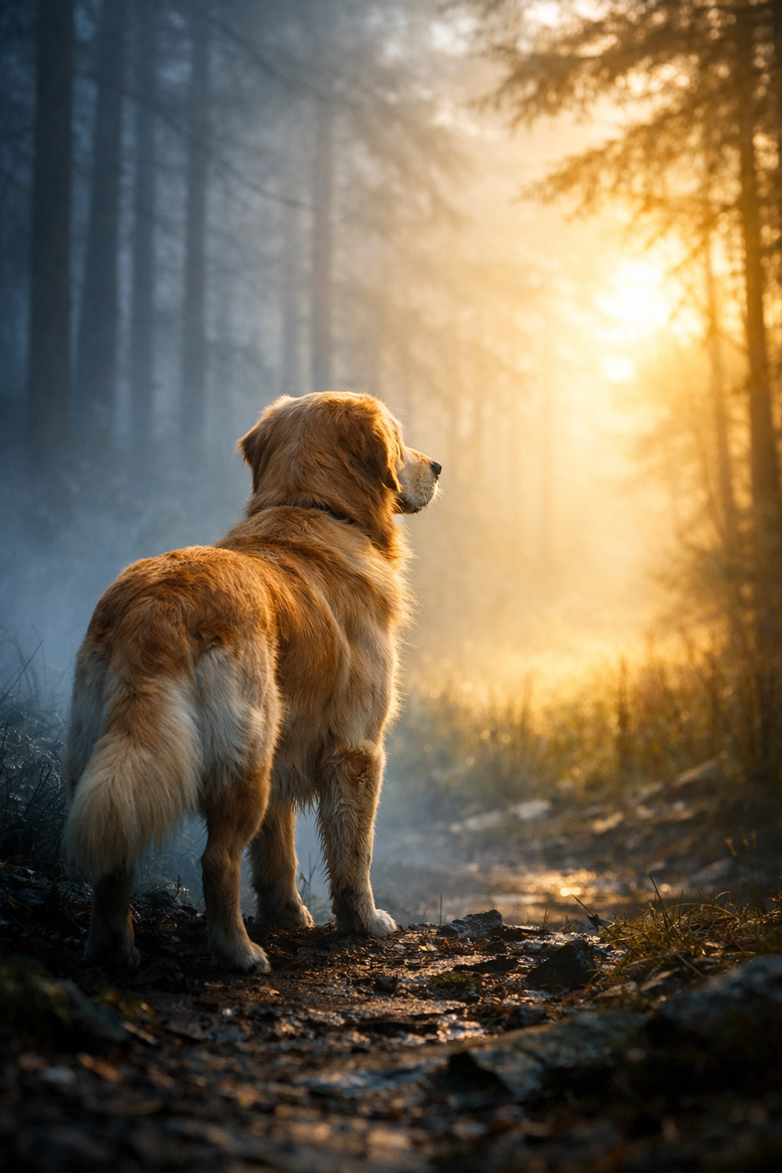 Golden Retriever looking toward a sunny path, symbolizing early detection of canine cancer recurrence.