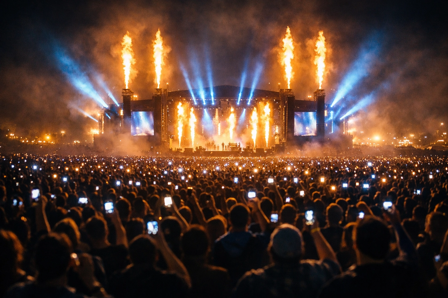 A massive outdoor concert stage with dynamic lighting illustrating successful music marketing campaigns.