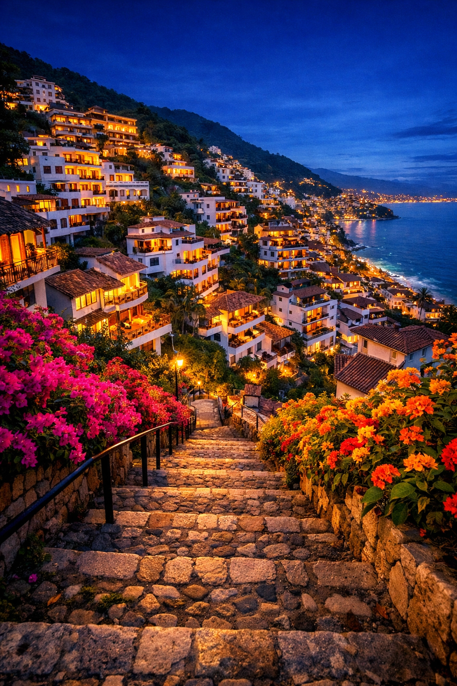 Amapas hillside neighborhood at dusk with colorful villas in Puerto Vallarta