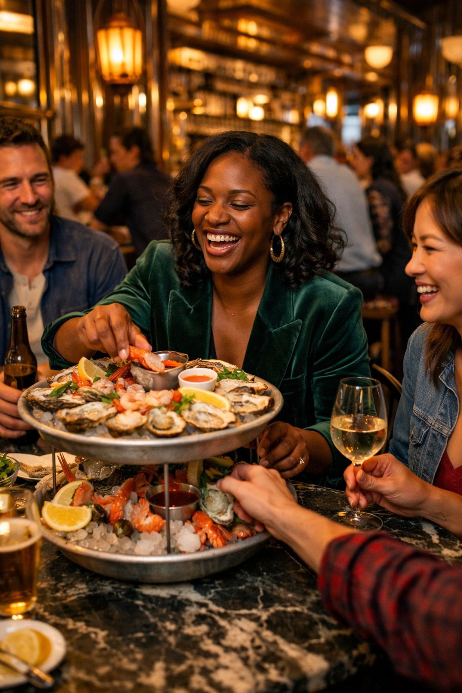 Diverse guests enjoying an iced seafood tower at JouJou in San Francisco, an experience-driven restaurant opening.