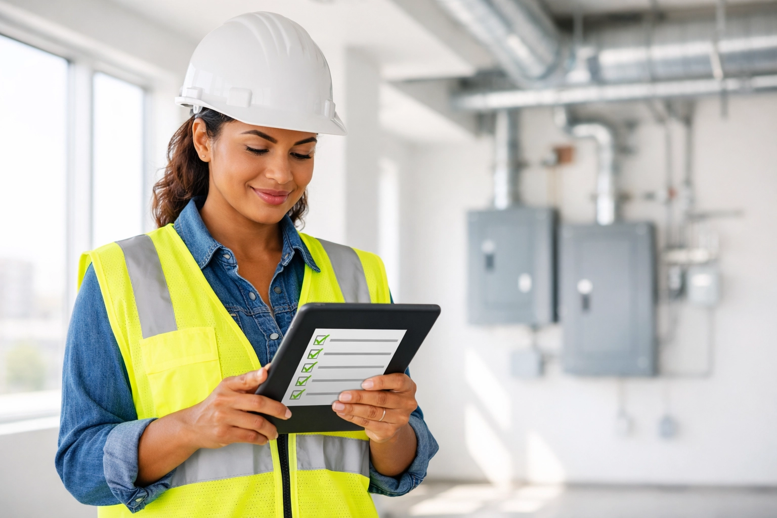 Building inspector reviewing completion checklist during Florida CO inspection