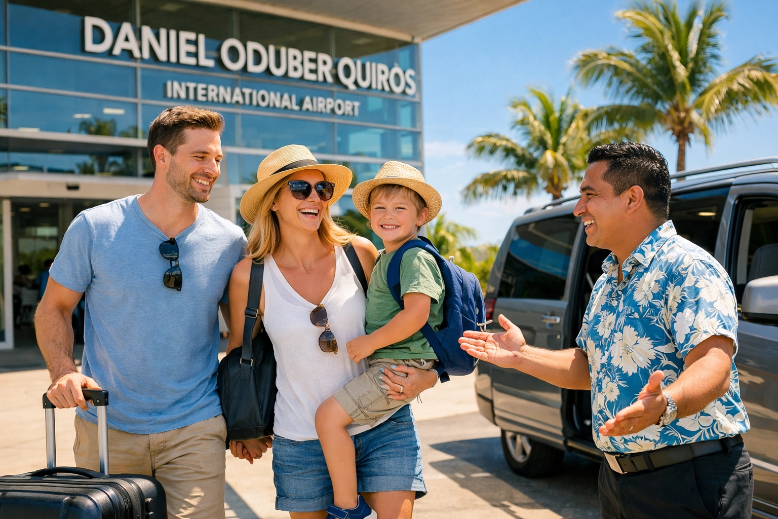 Happy family meeting their professional driver for a Liberia Costa Rica airport transfer at LIR.