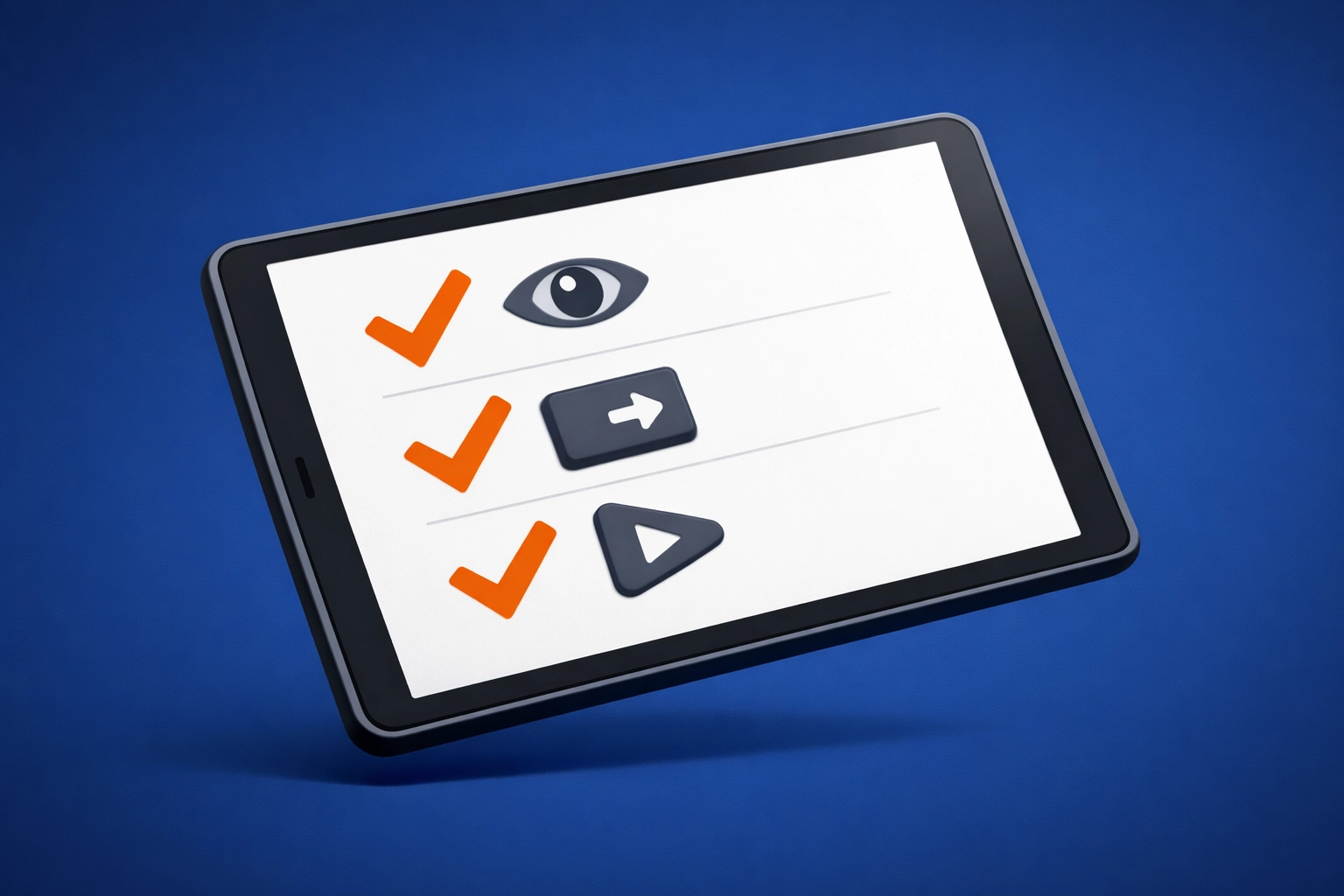 Digital tablet showing a completed WCAG compliance checklist for visual, navigation, and multimedia accessibility.