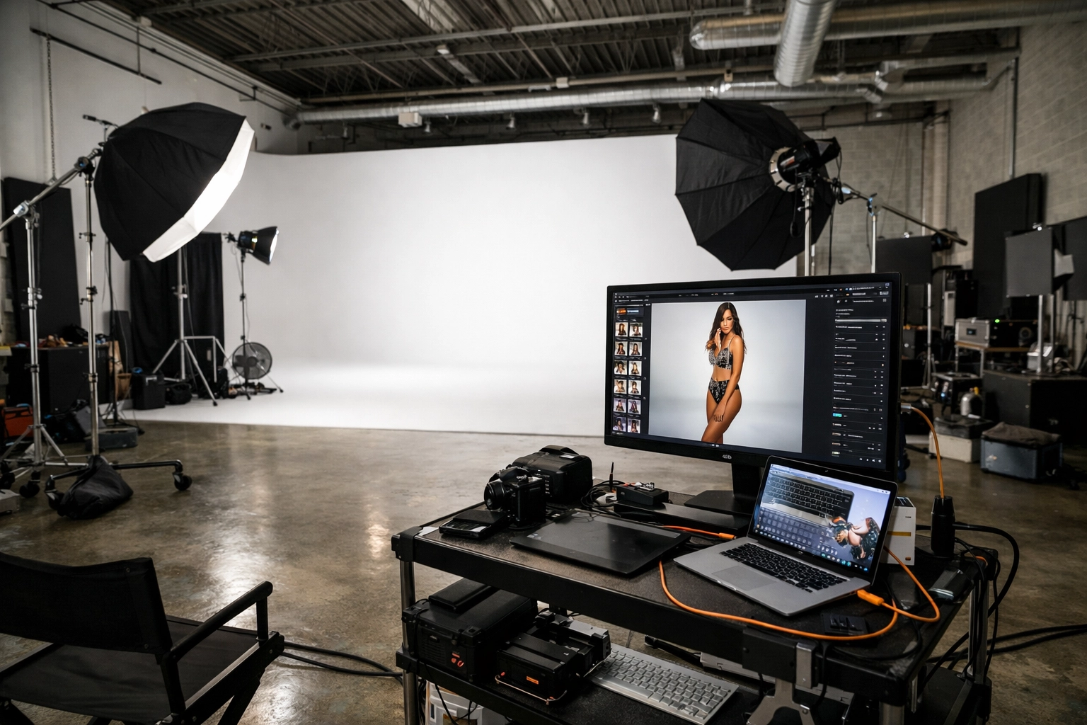 Professional commercial photography studio in Miami with lighting and production equipment.
