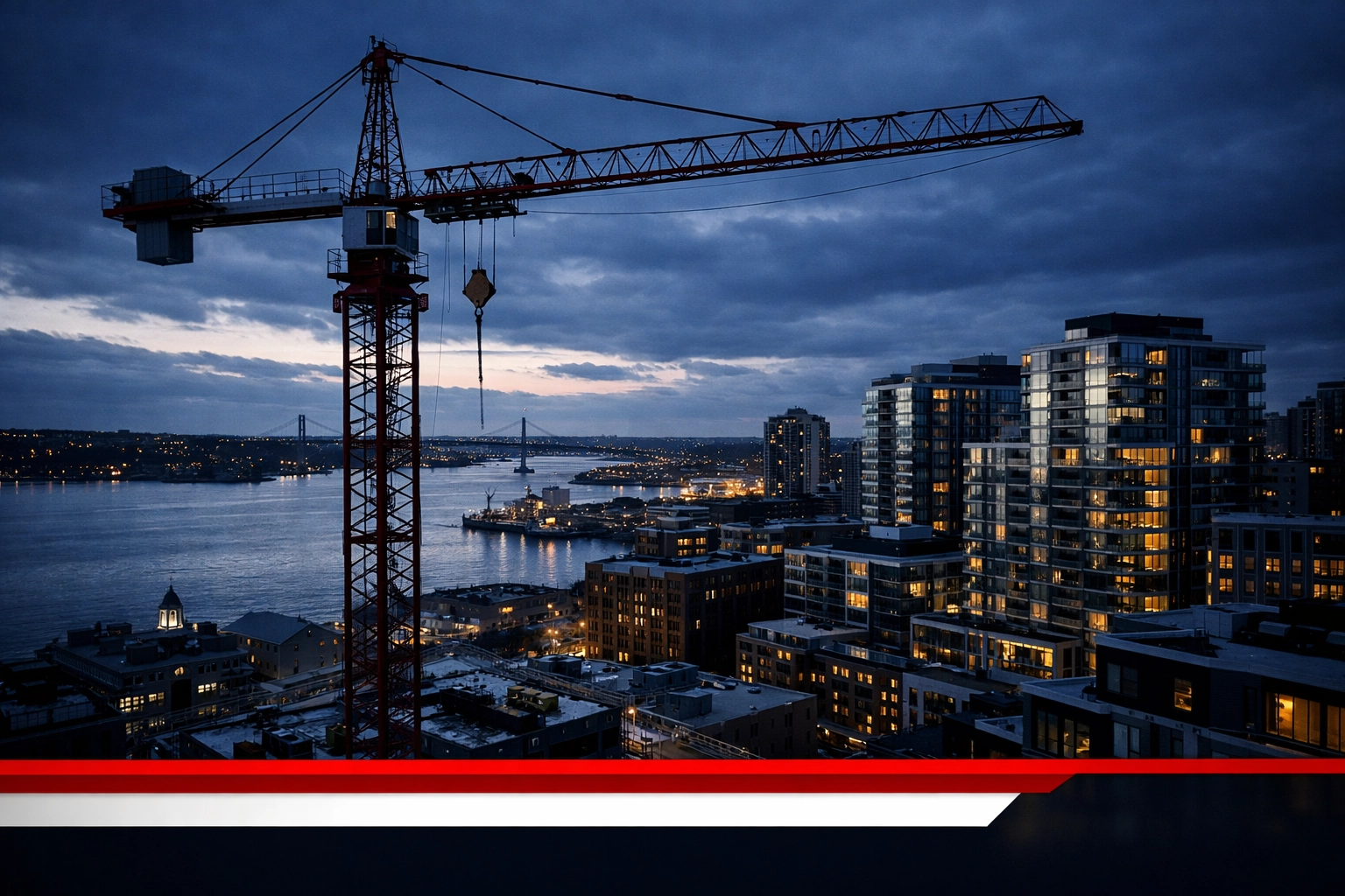 A construction crane stands over Halifax harbor, symbolizing the shifting Nova Scotia economy and housing market.
