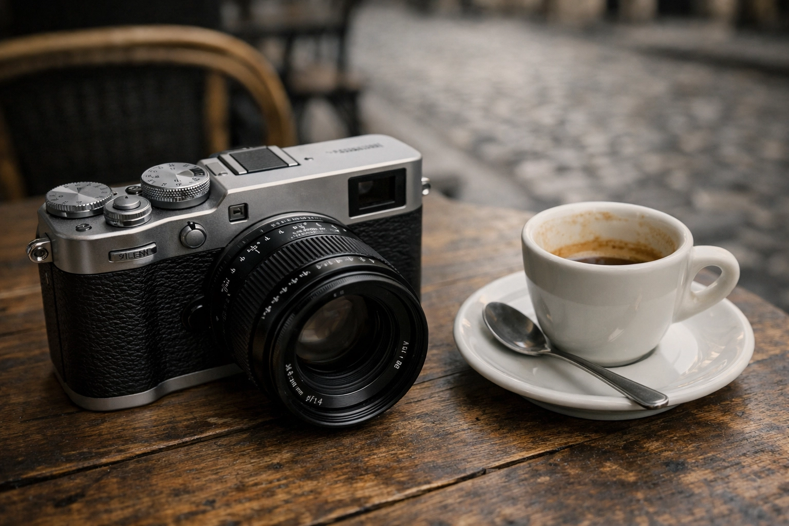 The Ultimate Guide to Authentic Candid Photography: Everything You Need to Succeed 2 Compact travel photography gear on a Paris cafe table, perfect for discreet candid shots.