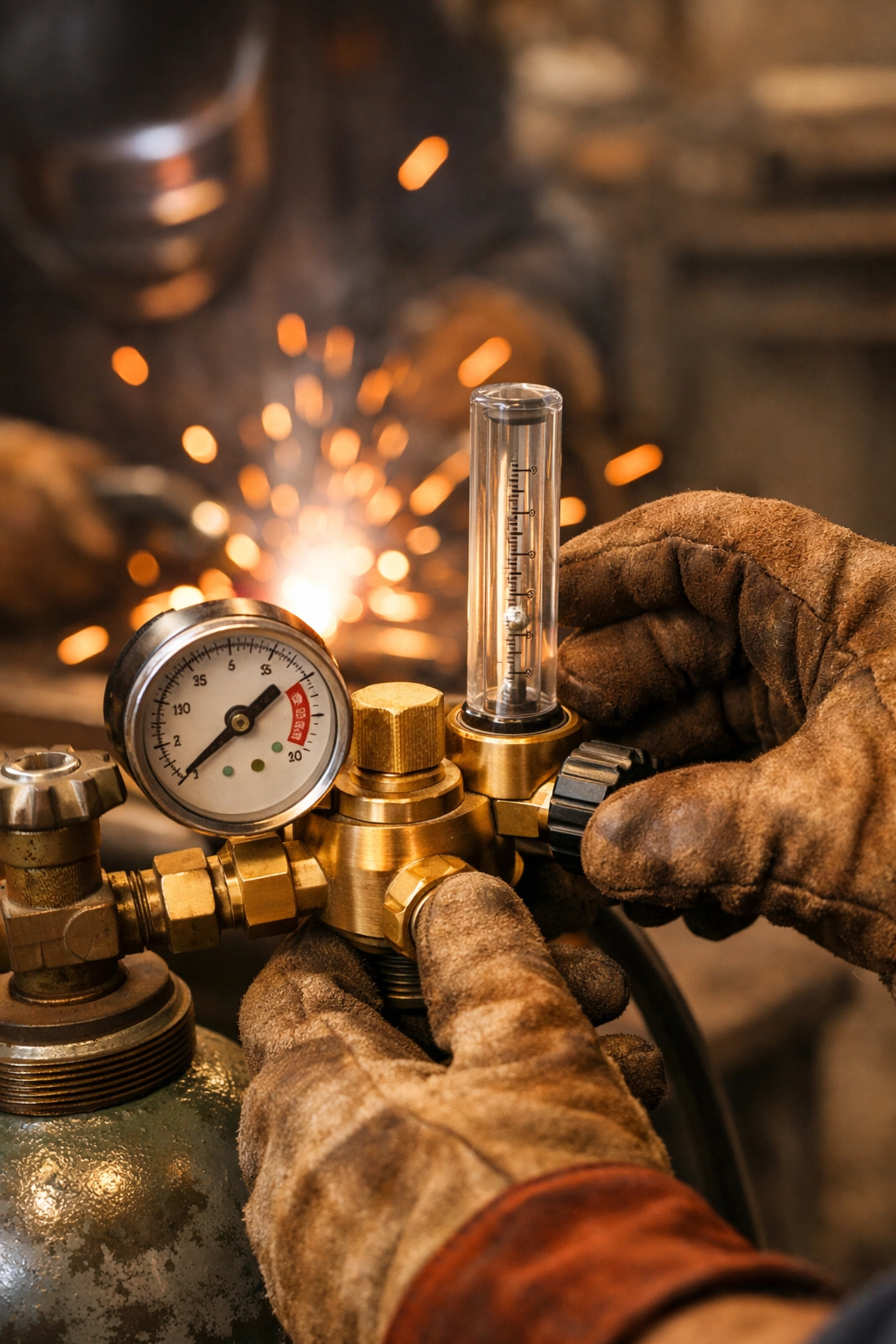 Welder adjusting gas regulator on MIG cylinder during welding session