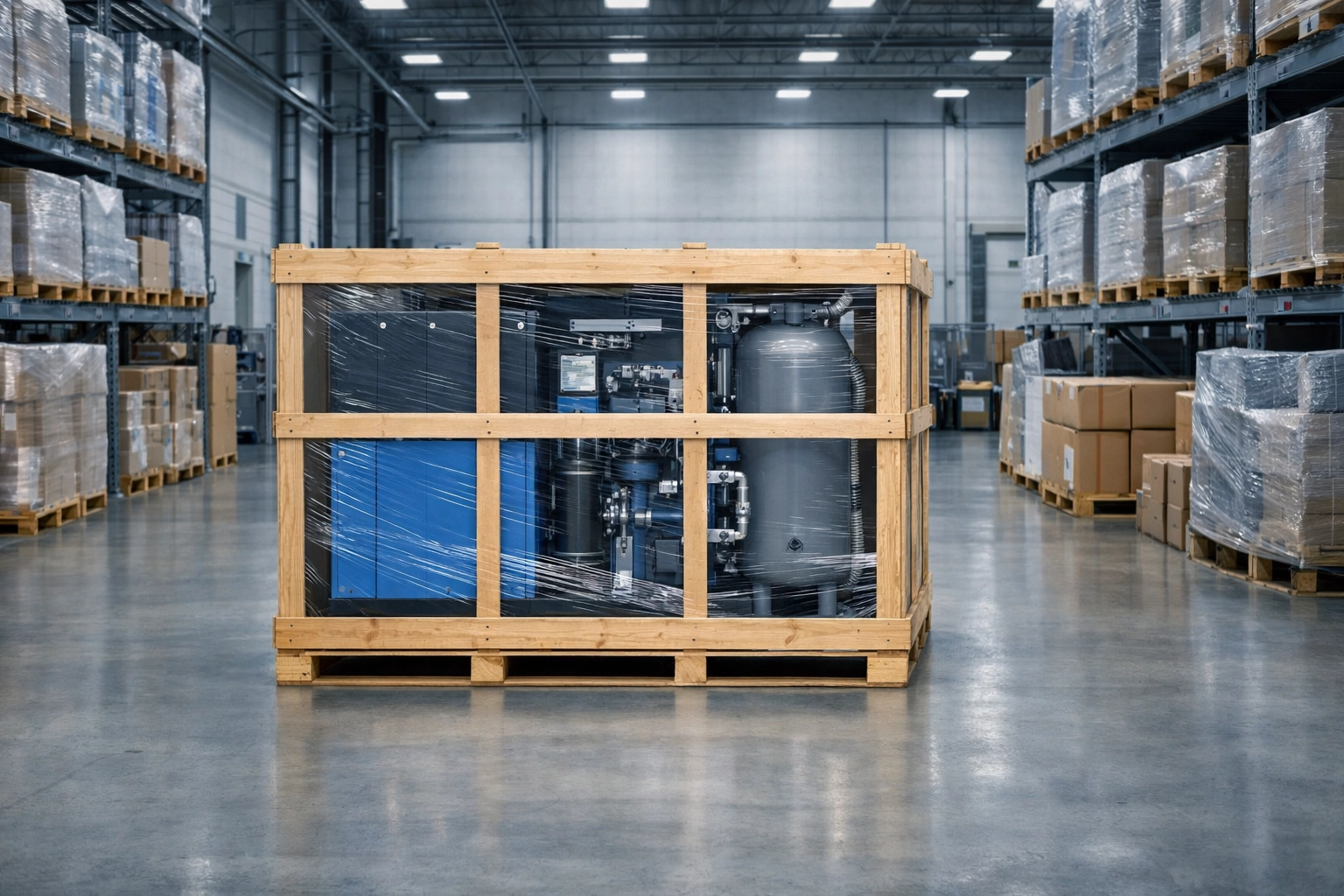 [IMAGE] Export-ready integrated screw air compressor station crated for international shipping and logistics support
