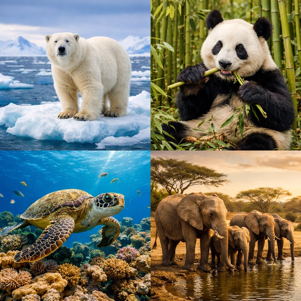 Collage of wildlife species including polar bear, panda, sea turtle, and elephants