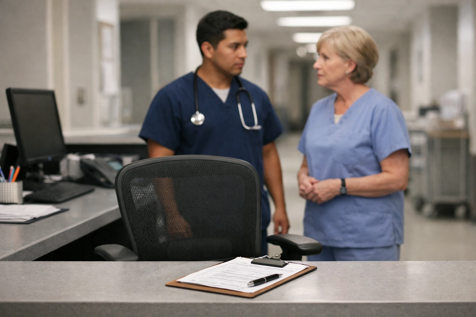 Empty nursing station chair showing impact of leadership turnover on staff retention in nursing homes