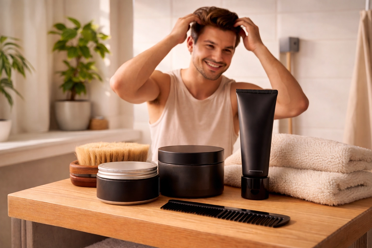 Selection of men's hair styling products on a wooden shelf, showcasing essential grooming tools.