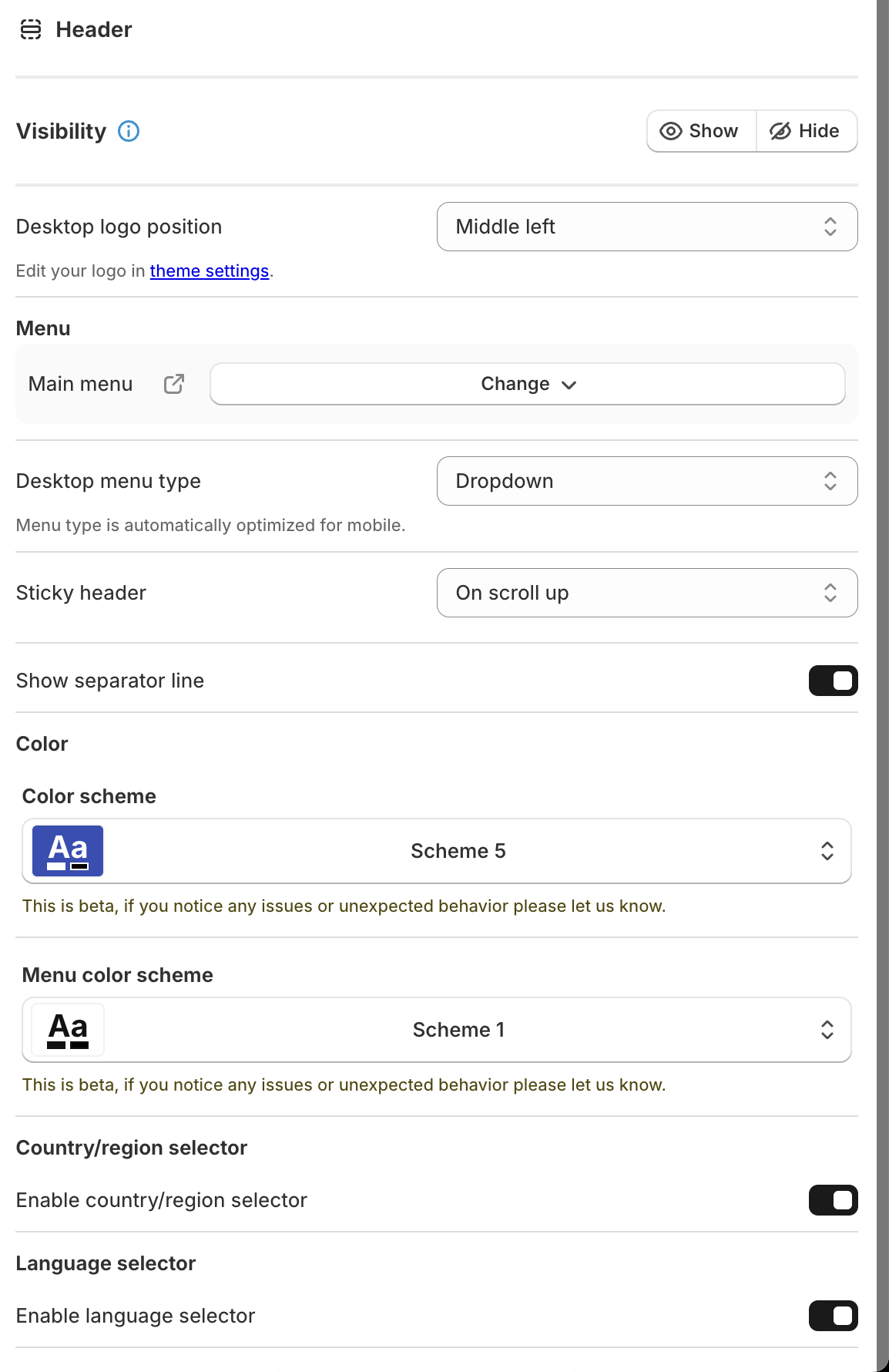 Shopify theme header customization interface