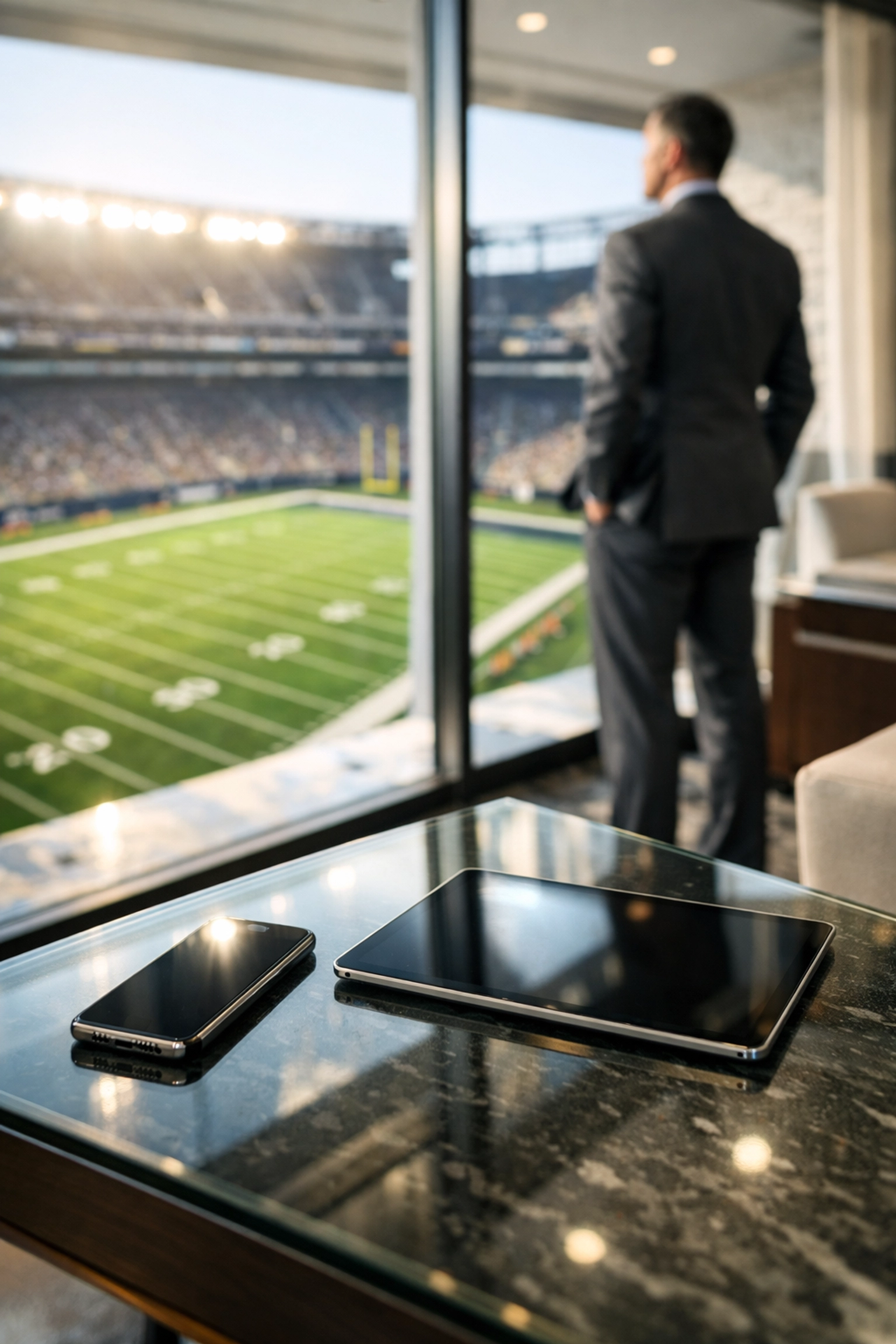 Executive in a luxury Super Bowl VIP lounge overlooking the stadium for corporate networking.