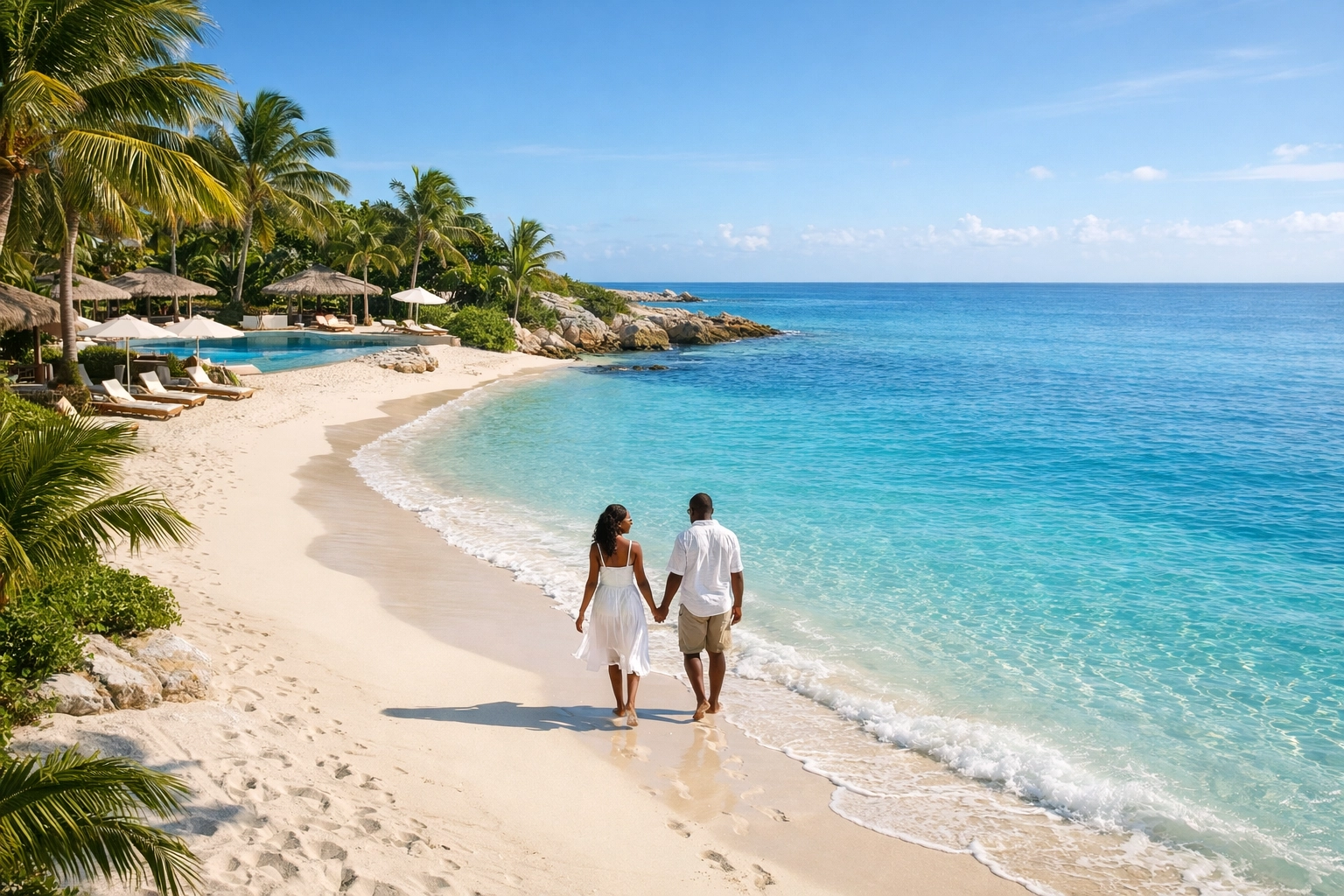 Couple walking on a secluded beach at a luxury adults only resort, ideal for lifestyle travel.