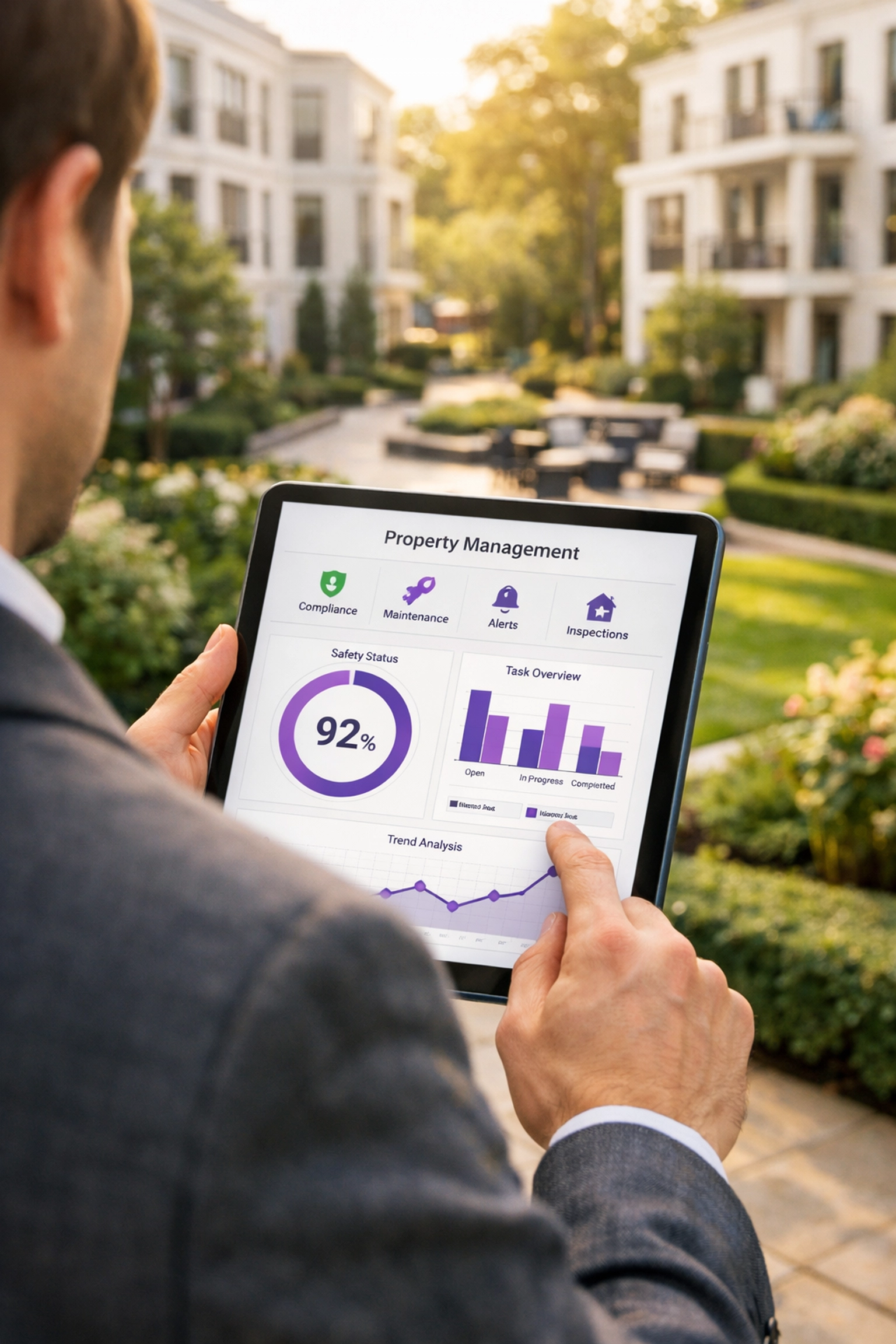 Property manager using a tablet to manage a fire risk assessment for a block of flats in Essex.