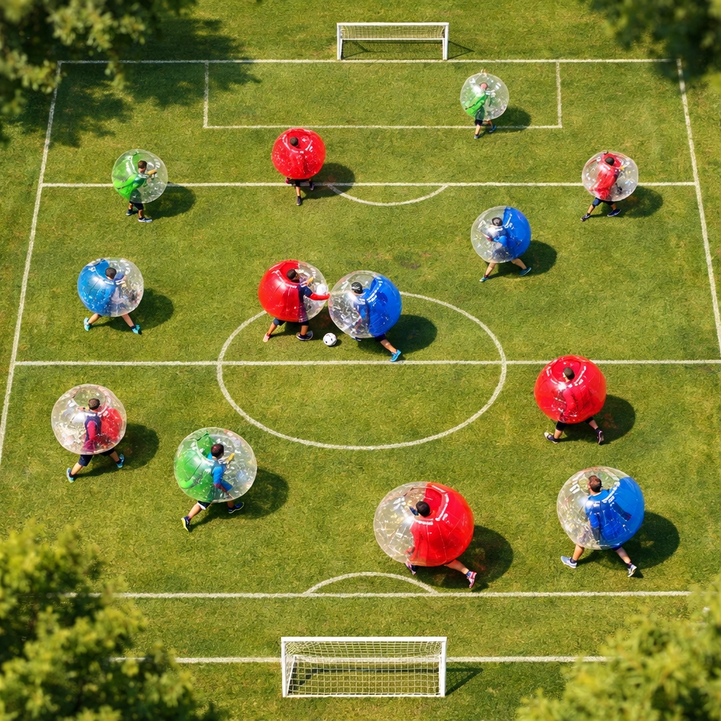 Aerial view of bubble soccer game at Omaha community park