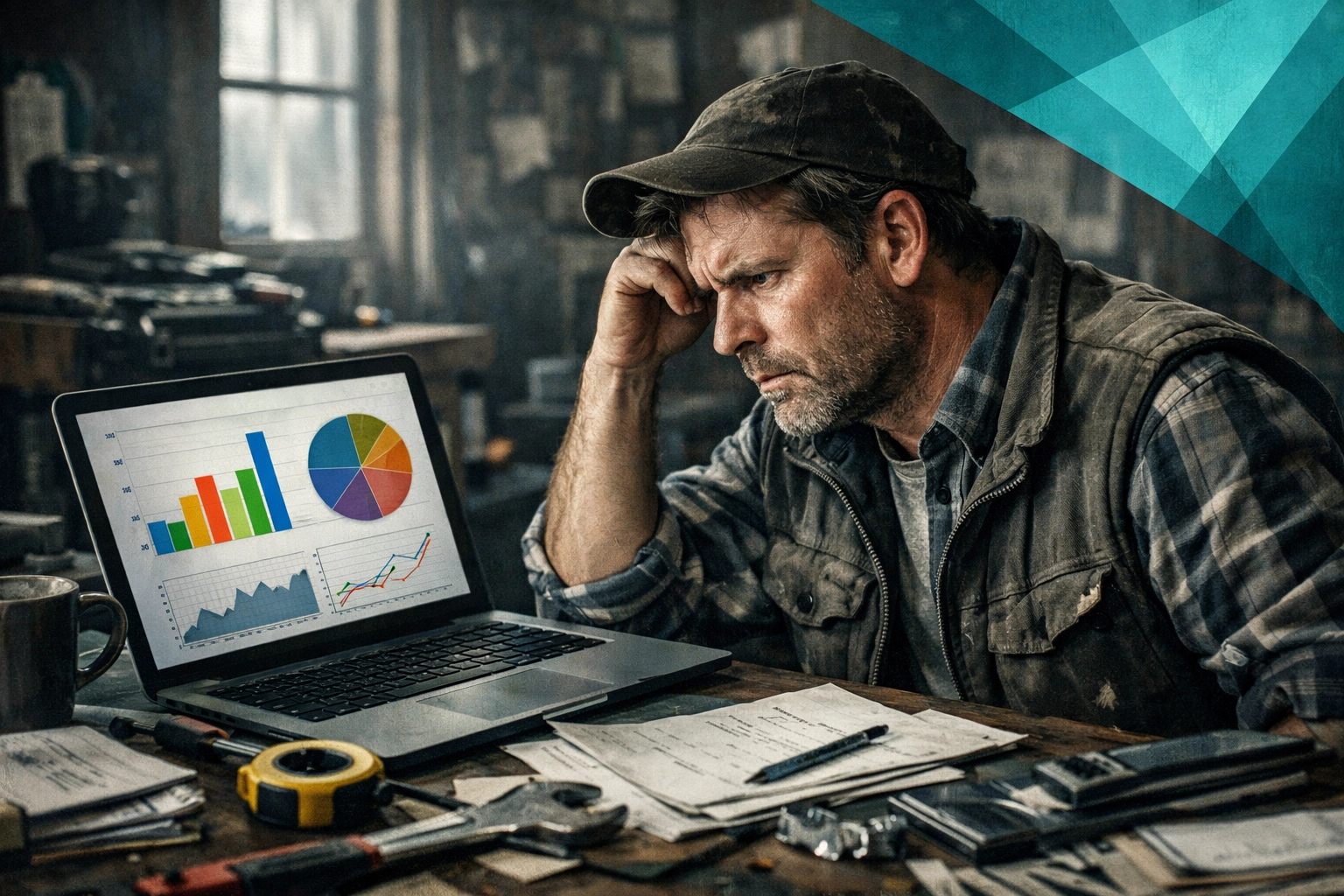 Contractor confused by marketing agency reports and charts at desk