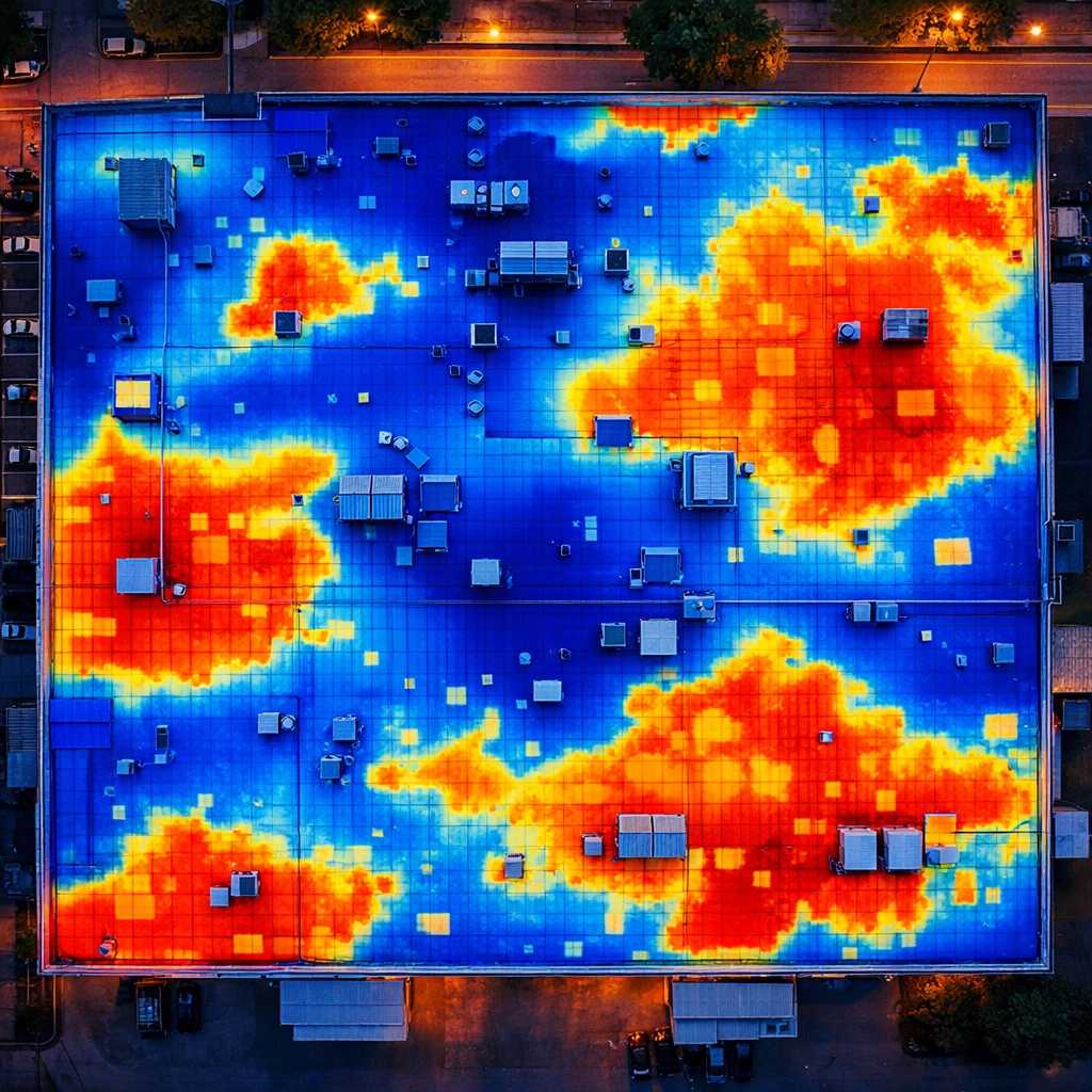 Thermal imaging drone inspection of commercial roof showing moisture infiltration in orange-red zones