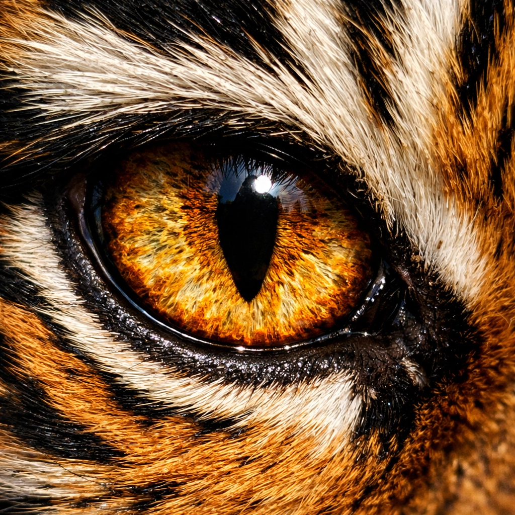 Macro detail of a tiger's eye, showing the high-quality species documentation used in zoo stock photography.