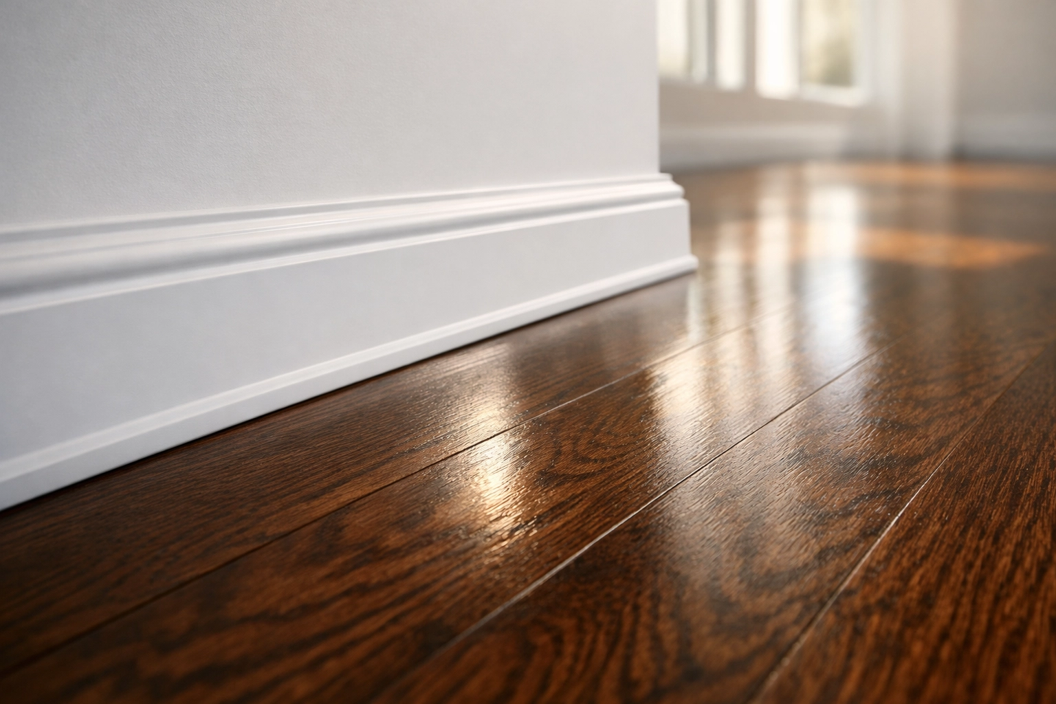 Detailed cleaning of white baseboards and polished dark oak floors in a Midwest apartment living area.