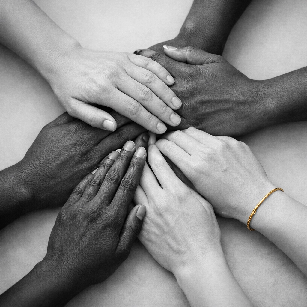 Mains unies en cercle illustrant la collaboration et le coaching leadership en équipe