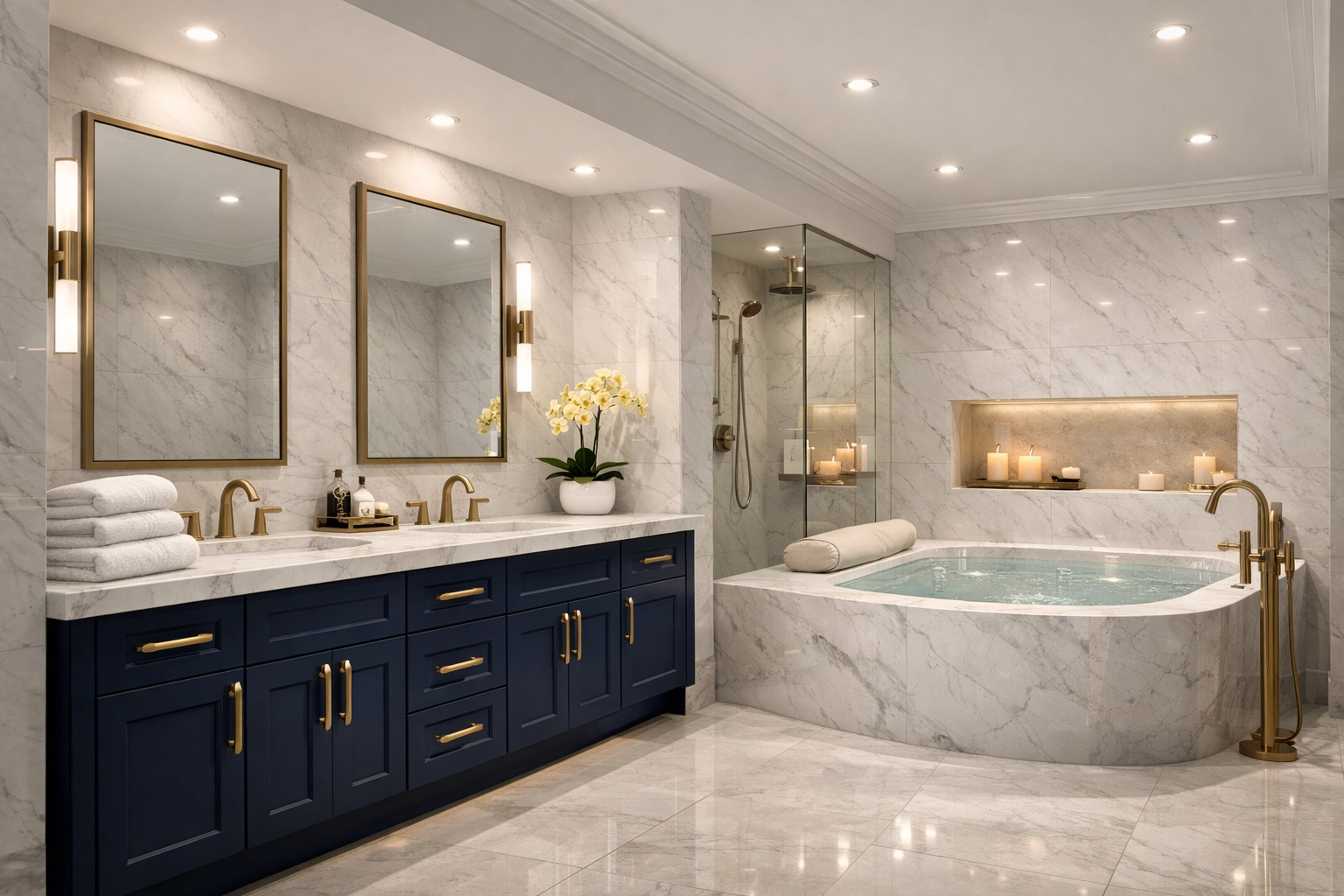 A sparkling luxury master bathroom showcasing the deep detail of weekly house cleaning in Harvard MA.