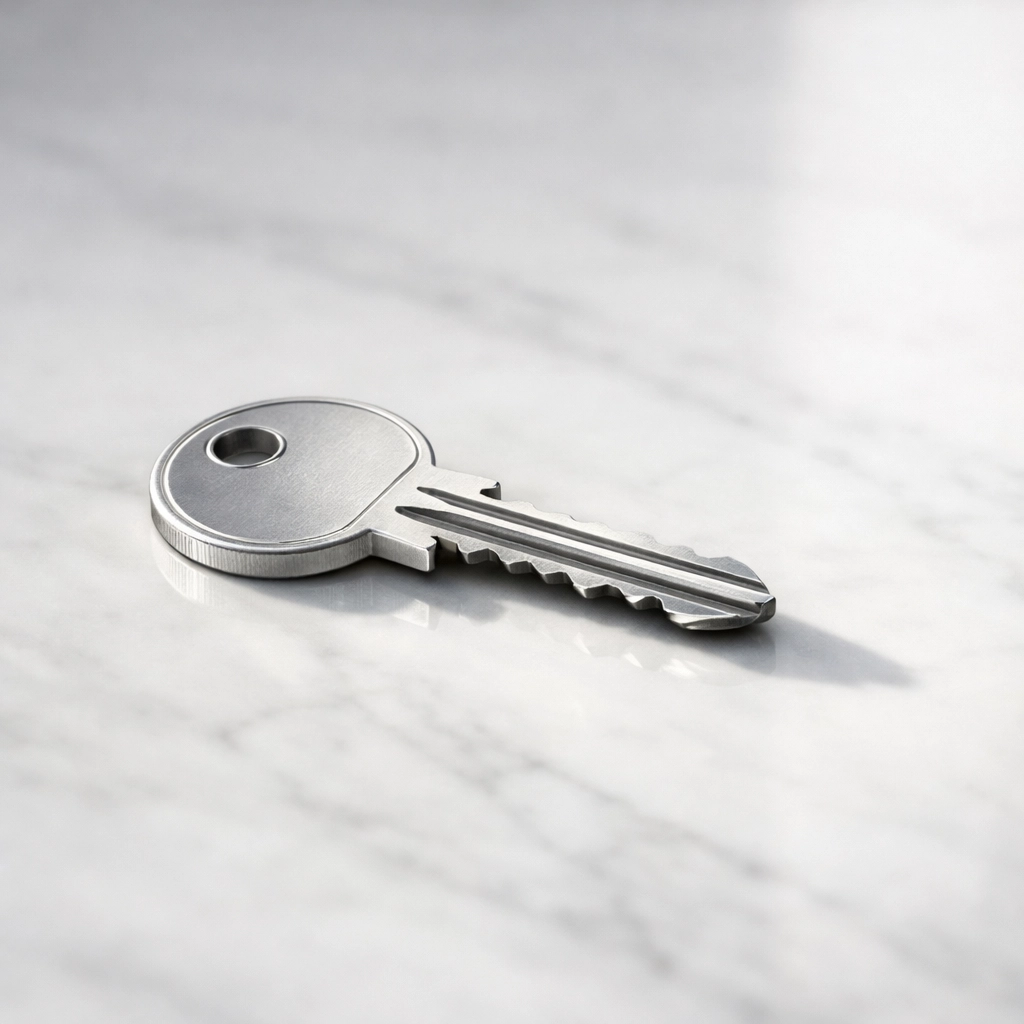 Silver key on marble symbolizing website domain ownership and control for North East businesses.