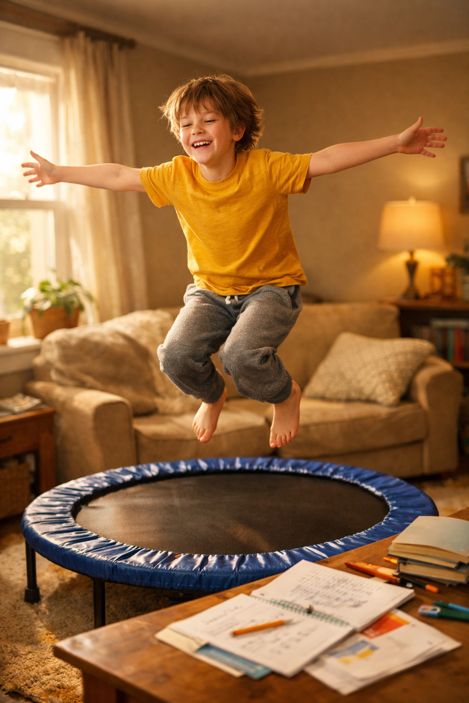 Child taking a body break by jumping on trampoline during homework time for emotional regulation