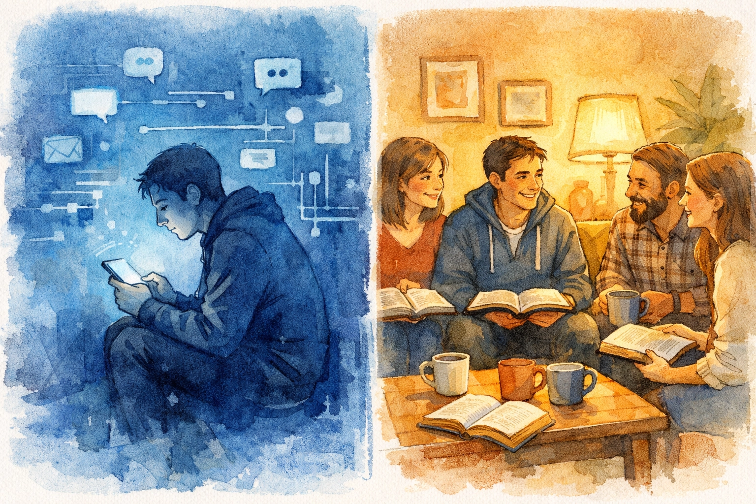 Contrast between AI therapy isolation and warm Christian community gathering with open Bibles