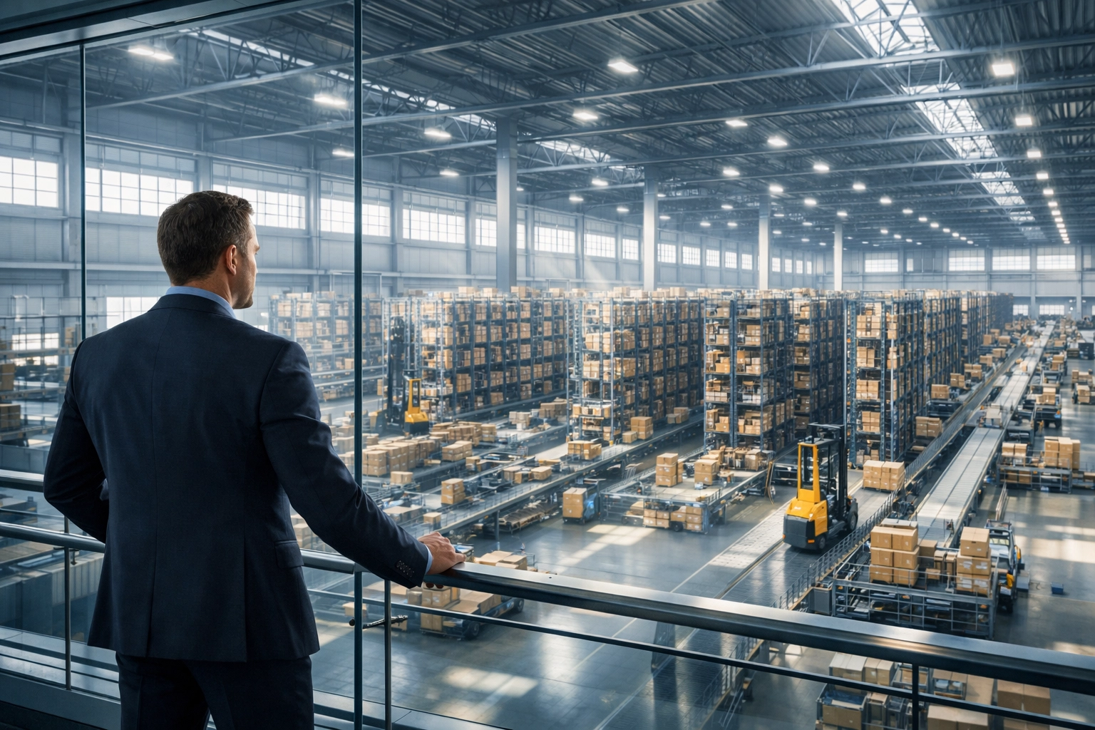 Logistics strategist overseeing a 1PL warehouse integrated with 4PL supply chain intelligence.