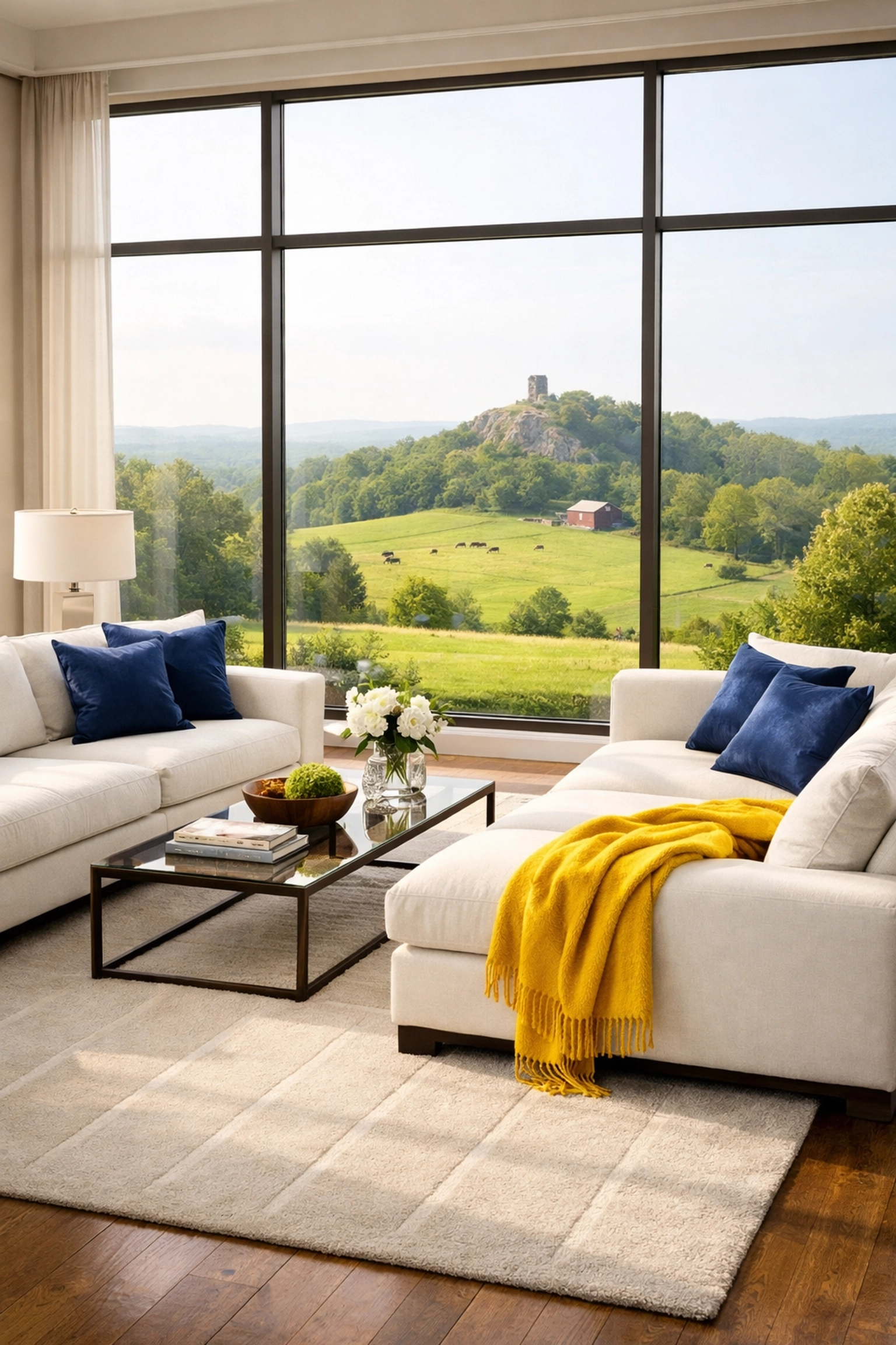 Clean luxury living room with vacuum lines and views of Gibbet Hill, maintained by Luxury Cleaners in Groton.