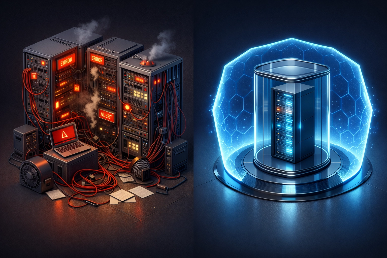 Comparison between chaotic shared hosting and a protected, isolated Sovereign Cloud server environment.