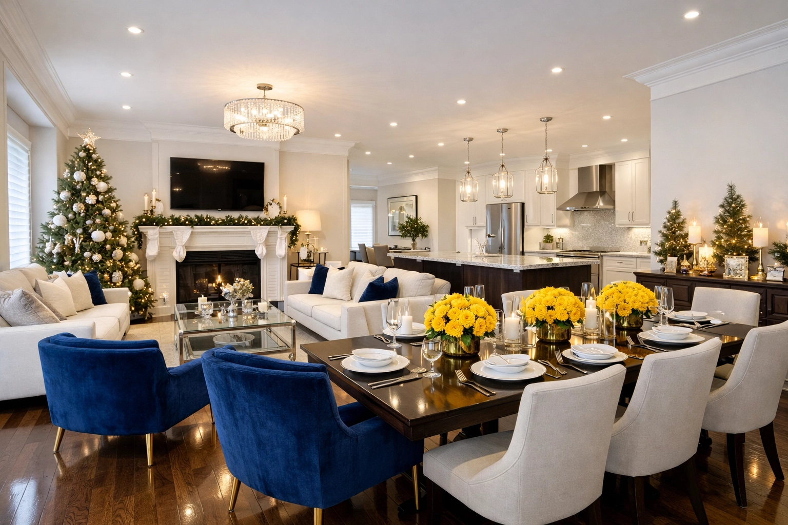 Sanitized luxury Bolton living room with sparkling hardwood floors ready for fall holiday hosting.