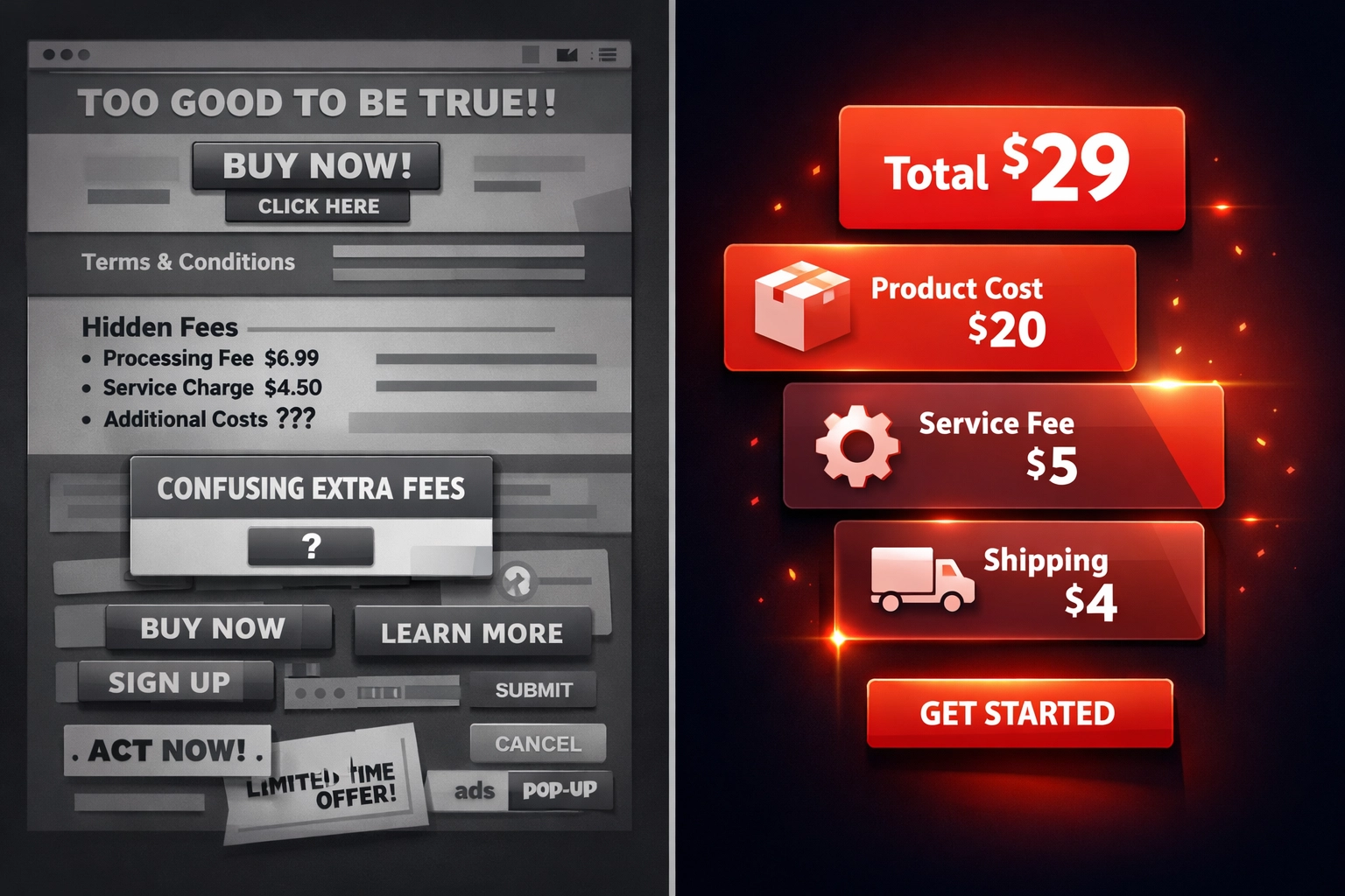 Hidden website costs versus transparent pricing breakdown comparison