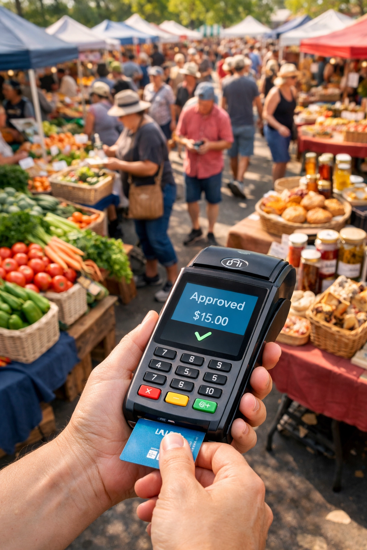 Vendor processing card payment at farmers market using WiFi-enabled payment terminal