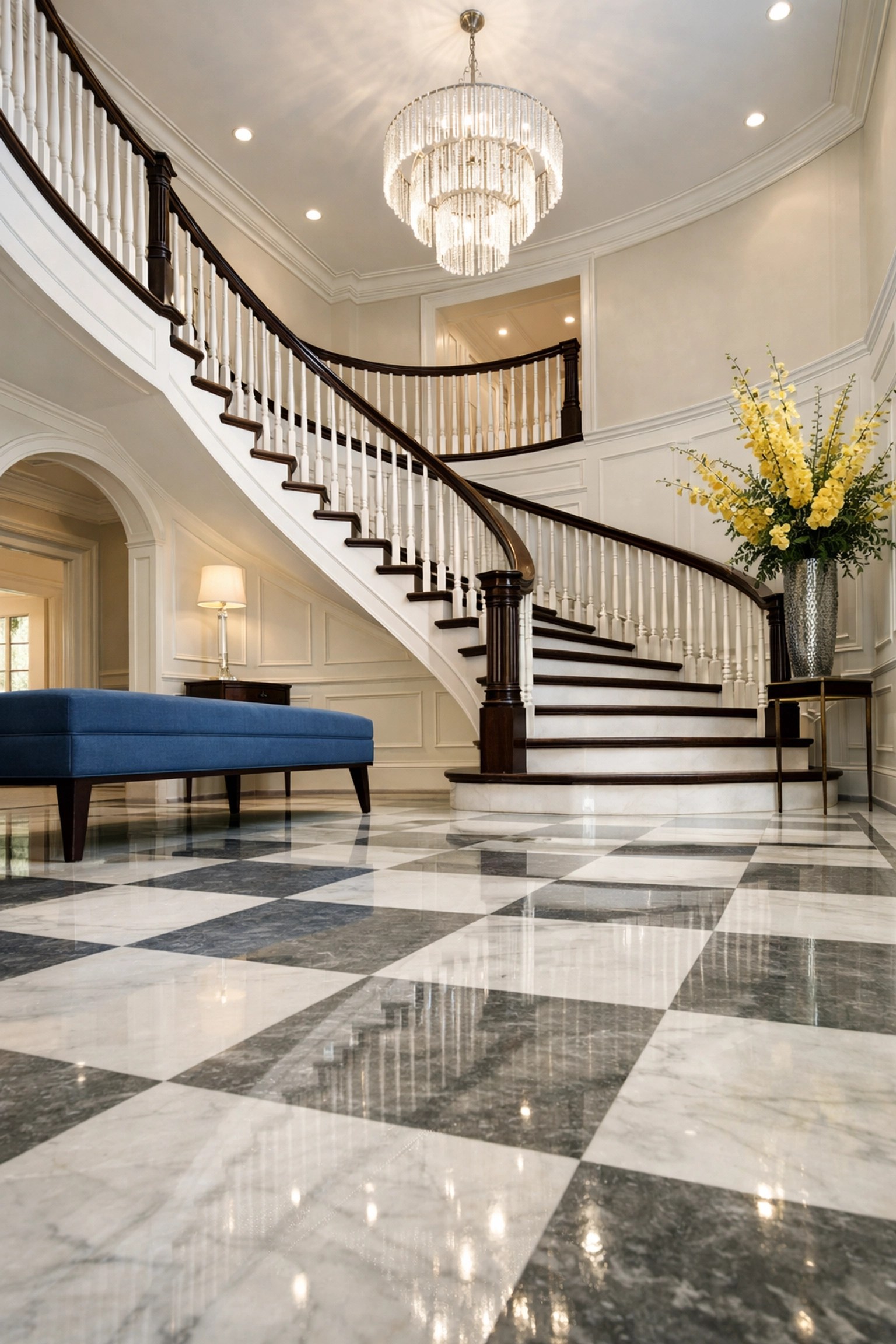 Luxury estate foyer with gleaming marble floors maintained by high-end house cleaning services MA.