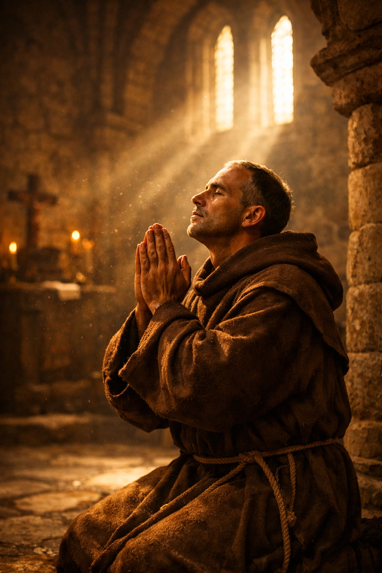 Cinematic monk in prayer, showcasing quality media’s role in daily scripture reflection and spiritual growth.