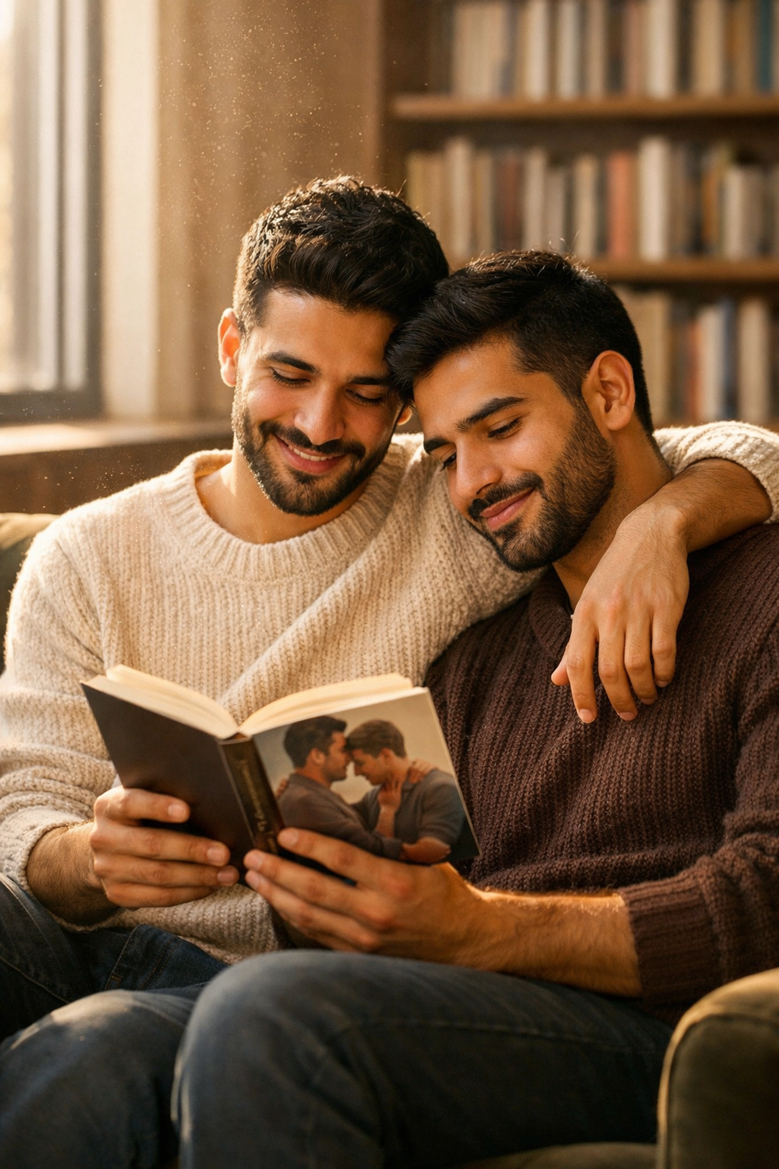 Two Arab men sharing an intimate moment while reading an MM romance book in a sun-drenched library.