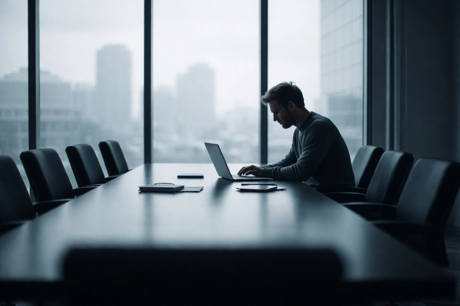 Solo founder working alone in an empty office, highlighting isolation and mental health challenges.
